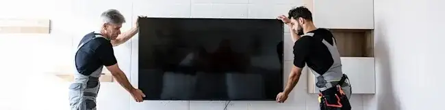 Dwóch mężczyzn w kombinezonach montuje duży czarny telewizor na białej ścianie w pomieszczeniu.