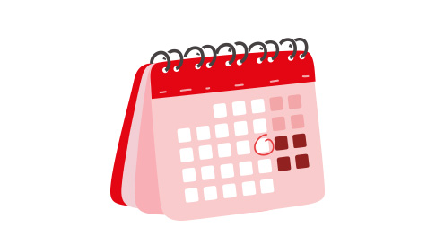 Różowy kalendarz biurkowy z czerwoną górą i zaznaczonym kółkiem dniem na białym tle.