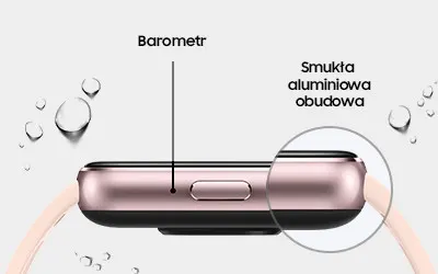 Telefon w aluminiowej obudowie z barometrem, otoczony kroplami wody, z powiększeniem na bok obudowy.