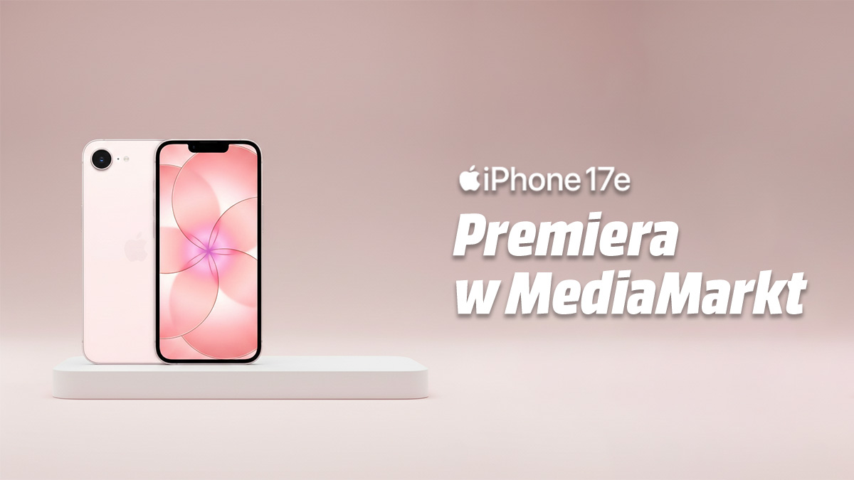 Prezentacja iPhone 17e w kolorze jasnoróżowym z napisem Premiera w MediaMarkt