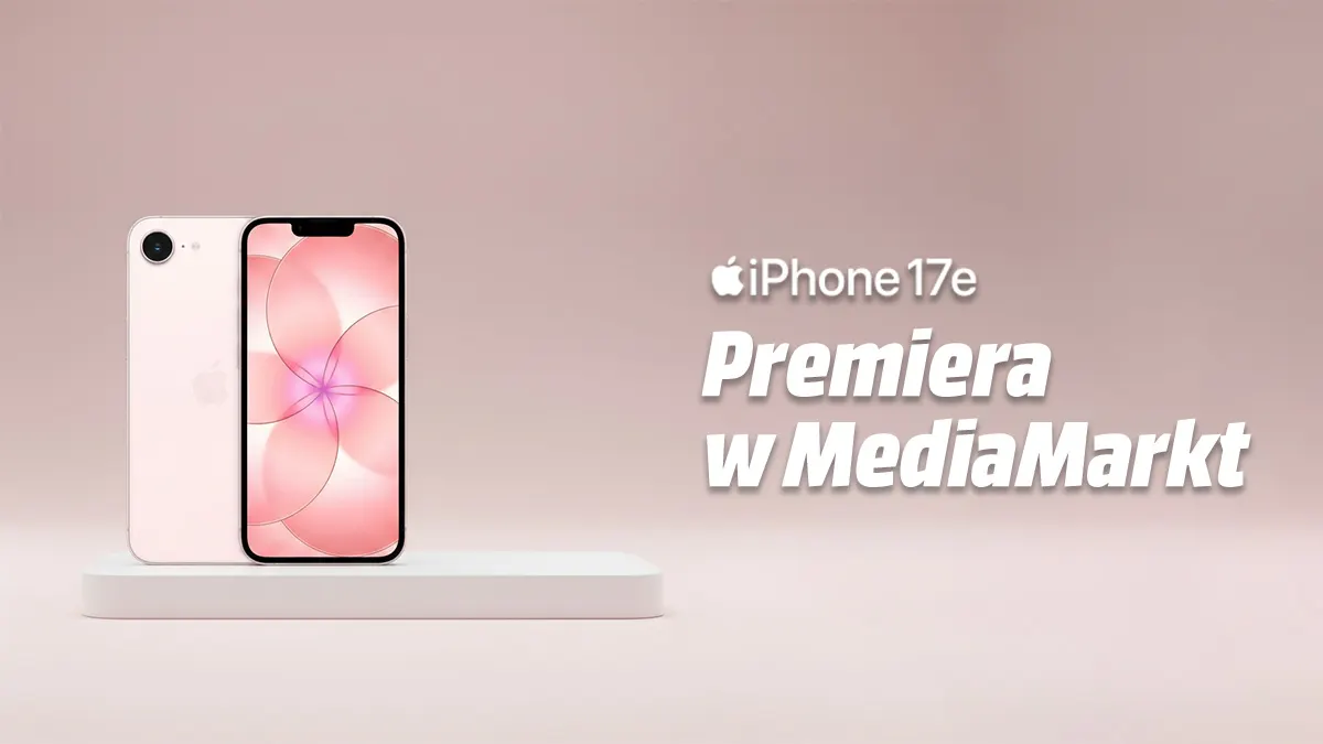 Prezentacja iPhone 17e w kolorze jasnoróżowym z napisem Premiera w MediaMarkt