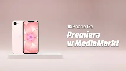 Prezentacja iPhone 17e w kolorze jasnoróżowym z napisem Premiera w MediaMarkt