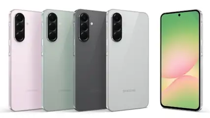 Na białym tle prezentacja telefonów w kolorach: różowym, zielonym, szarym, białym i z zielonym ekranem.