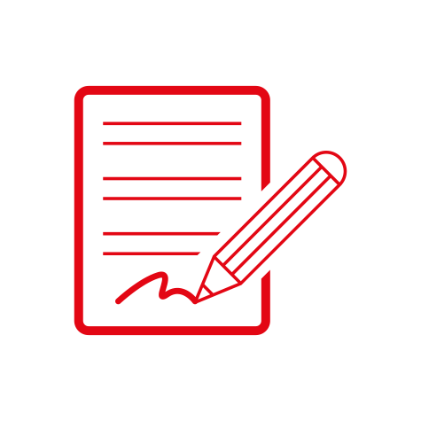 Czerwony obrys dokumentu z liniami i podpisem, obok ołówek.