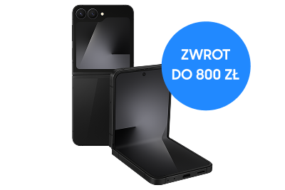Czarny składany smartfon (Galaxy Z Flip7 FE) z plakietką ‘ZWROT DO 800 ZŁ’.