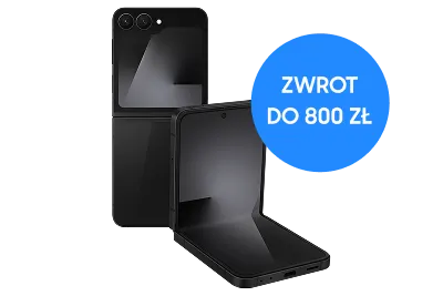 Czarny składany smartfon (Galaxy Z Flip7 FE) z plakietką ‘ZWROT DO 800 ZŁ’.