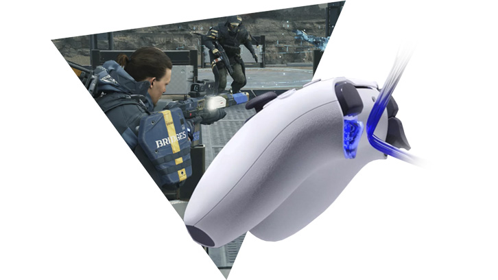 Na pierwszym planie biały kontroler do gier. W tle, w trójkątnym oknie, postać w kamizelce celuje z broni, a w oddali stoi żołnierz.