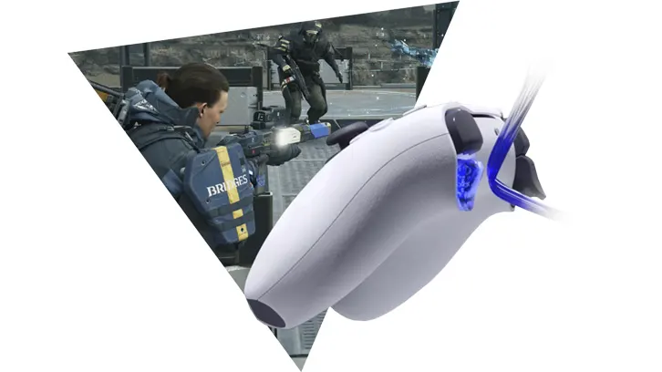 Na pierwszym planie biały kontroler do gier. W tle, w trójkątnym oknie, postać w kamizelce celuje z broni, a w oddali stoi żołnierz.