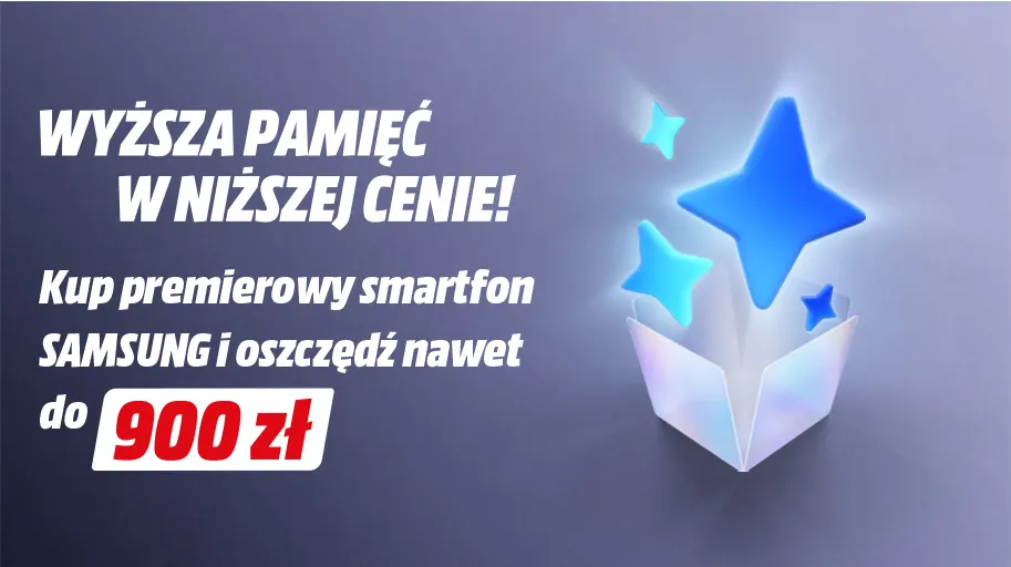 Baner Samsung: Wyższa pamięć w niższej cenie. Kup premierowy smartfon i oszczędź do 900 zł. Ilustracja z pudełkiem i świecącymi gwiazdami.