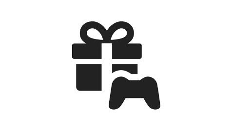 Czarna ikona prezentu ze wstążką i kontrolera do gier na białym tle.