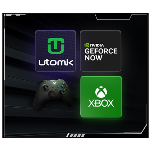 Loga partnerskich marek gamingowych w kwadratowych kafelkach. W górnym rzędzie logo Utomik i Nvidia Geforce Now, w dolnym rzędzie kontroler Xbox i logo Xbox