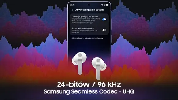 Grafika na tle kolorowych fal dźwięku: w centrum ekran telefonu z menu „Advanced quality options” — przełącznik „Ultra high quality (UHQ) audio” włączony, „Super wide band speech” wyłączony. Poniżej dwie białe słuchawki buds4 pro. Podpis: „24‑bitów / 96 kHz — Samsung Seamless Codec (UHQ)”.