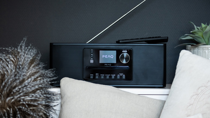 Czarny radioodtwarzacz z anteną i ekranem stoi na białej półce, obok poduszki i rośliny doniczkowej. W tle ciemna ściana.