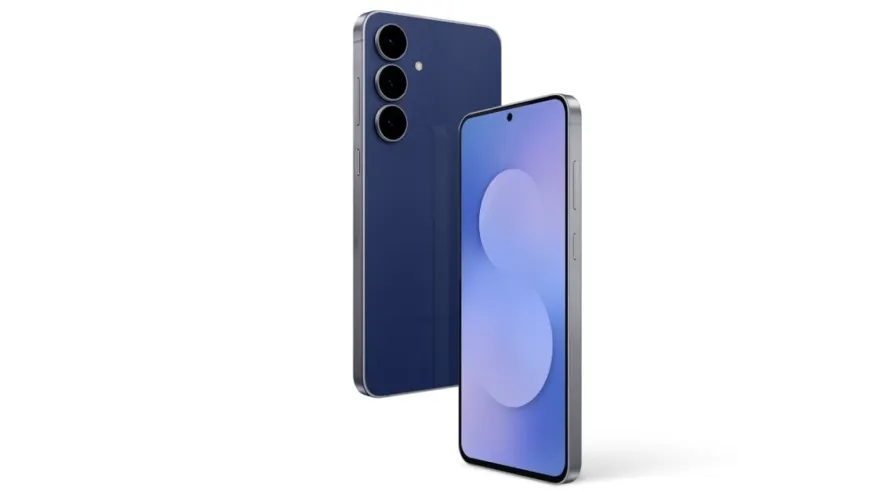 Nowy Samsung Galaxy S25 FE od frontu i tyłu, po skosie, w kolorze niebieskim. Wizualizacja.