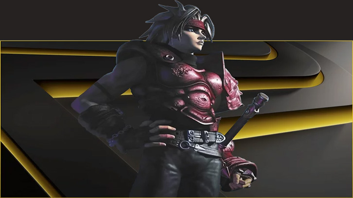 Na czarno-złotym tle stoi postać w czerwonej zbroi i czarnych spodniach, z mieczem przy pasie.