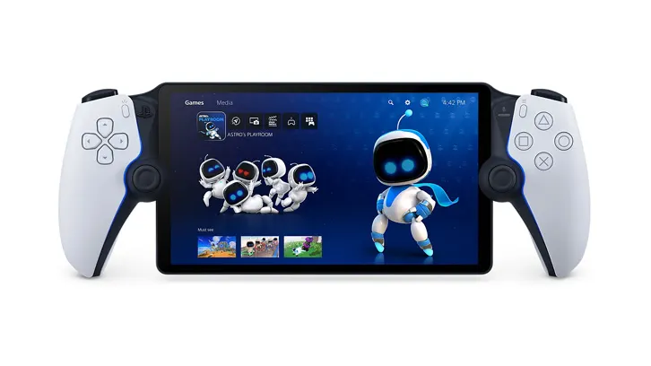 Tablet z ekranem, na którym widnieją animowane postacie, z dołączonymi białymi kontrolerami po bokach na białym tle.