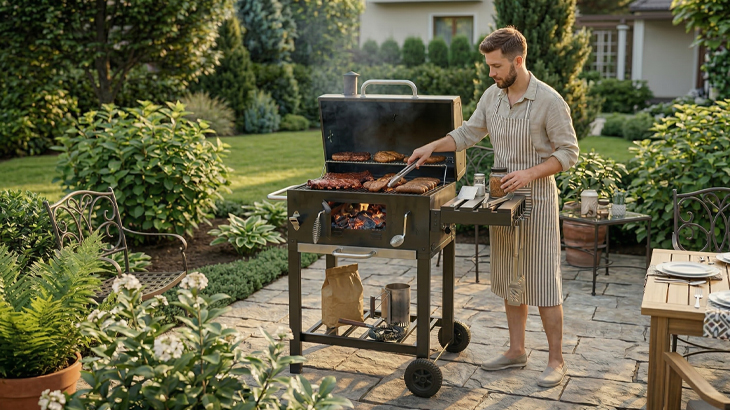 Mężczyzna stojący przy grillu w ogrodzie, wśród dużej ilości kwiatów.