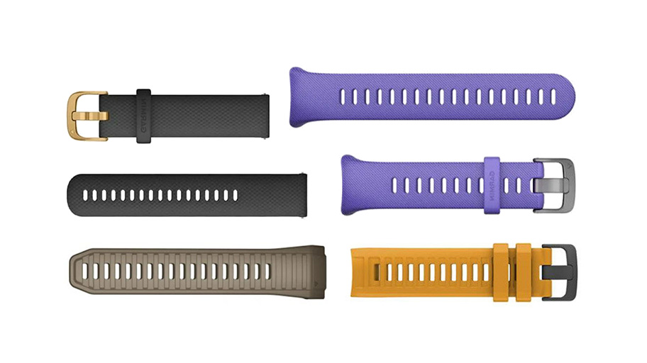 Sześć pasków do zegarków: czarne z klamrami, fioletowe i brązowe oraz żółte, wszystkie z otworami.