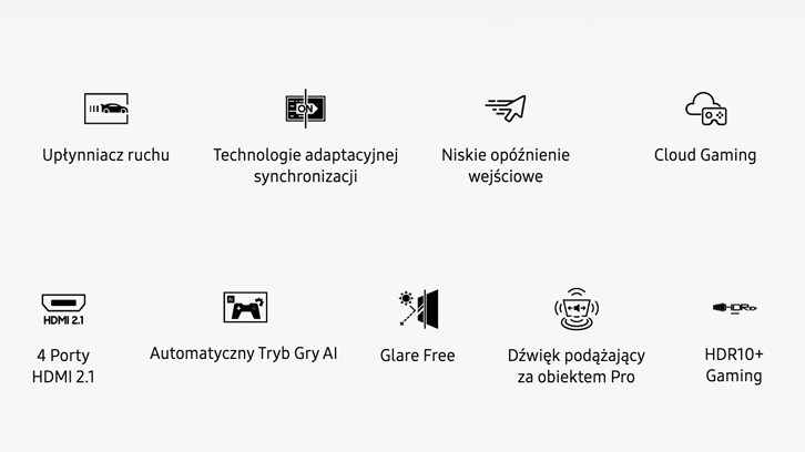 Upłynniacz Ruchu z konturem samochodu - Ikonka Sync Technologies z napisem ON - Ikonka Samsung Low input lag ze strzałką - Ikonka Samsung z chmurką i game padem - Ikonka Samsung HDMI 2.1 - Ikonka Samsung Automatyczny tryb gry AI z gamepadem w kwadracie - Ikonka Samsung Glare Free z promieniami słońca odbitymi od ekranu - Ikonka Samsung Dźwięk podążający za obiektem - symbol głośnika w ekranie TV z rozchodzącą się falą dźwiękową - Ikonka Samsung z czarnym napisem HDR10+ Pro