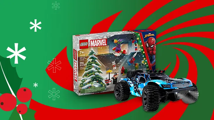 Na zielonym tle z czerwonymi wirami i białymi płatkami śniegu widnieją klocki Lego, Marvel i niebieski samochód.