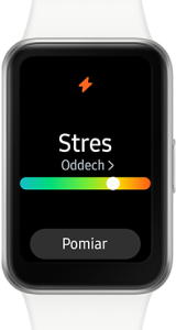 Smartwatch z ekranem pokazującym pomiar stresu, oddech, pasek postępu od zielonego do pomarańczowego i przycisk "Pomiar".