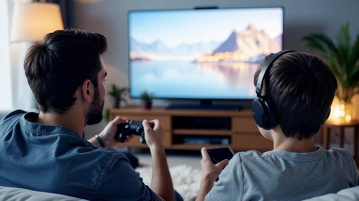 Ojciec z synem grają na konsoli przed dobrym 55-calowym telewizorem OLED. Na ekranie góry i woda. 