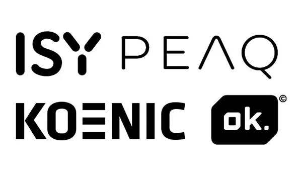 Czarne logo ISY PEAQ KOENIC ok. na białym tle. Litera "Y" w ISY jest odwrócona. Litera "E" w KOENIC ma trzy poziome linie.