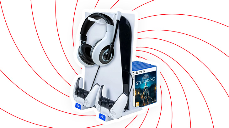 Na białym tle widoczny jest zestaw słuchawkowy, dwa kontrolery, gra Steelrising i czerwone spiralne linie.