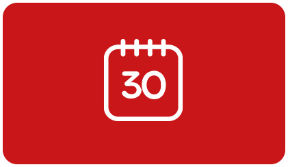 Biała ikona kalendarza z numerem 30 na czerwonym tle. Kalendarz ma zaznaczone dni w formie kresek.