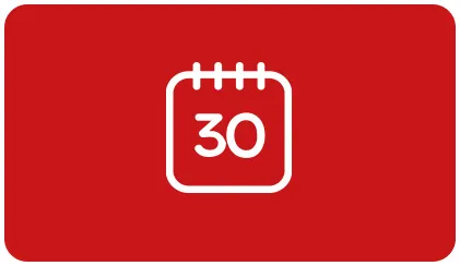 Biała ikona kalendarza z numerem 30 na czerwonym tle. Kalendarz ma zaznaczone dni w formie kresek.