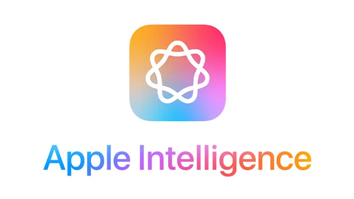 Kolorowe logo Apple Intelligence: abstrakcyjny kształt wewnątrz zaokrąglonego kwadratu, podpisane tęczowym tekstem.