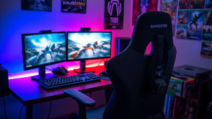 Dwa monitory na biurku, klawiatura, mysz. W tle plakaty i podświetlenie LED w kolorach niebieskim i różowym. Na pierwszym planie czarne krzesło.