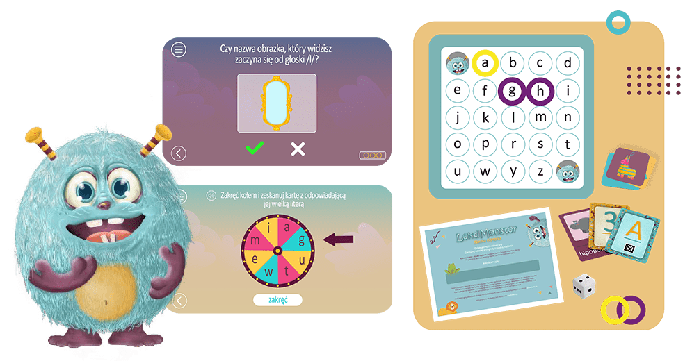 Grafika edukacyjna zawiera gry słowne, potwora i interfejs z literami. Na ekranie koło z literami i zadanie rozpoznawania słów.