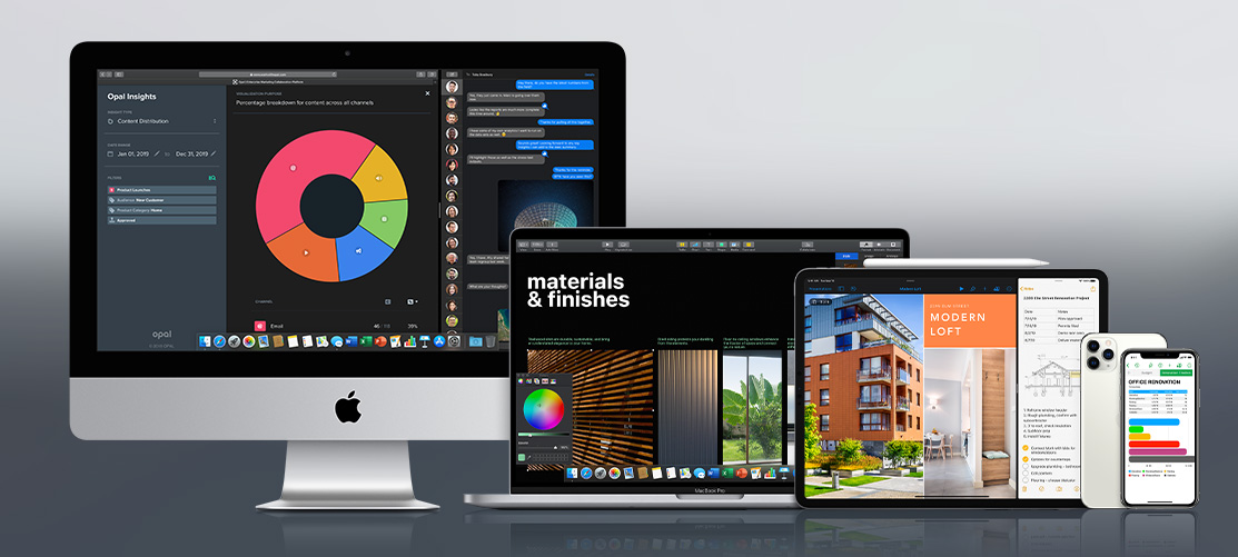 Na obrazie widoczne są urządzenia elektroniczne: iMac, laptop, tablet i iPhone, prezentujące różne ekrany aplikacji.