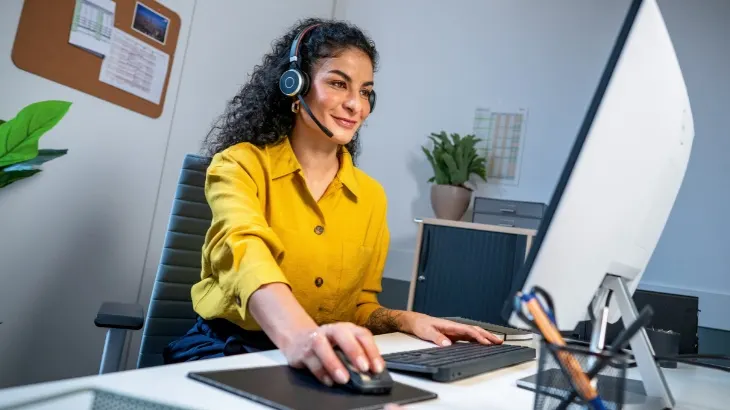 Kobieta w żółtej koszuli i słuchawkach siedzi przy biurku z komputerem i klawiaturą. W tle widać rośliny i tablicę korkową.