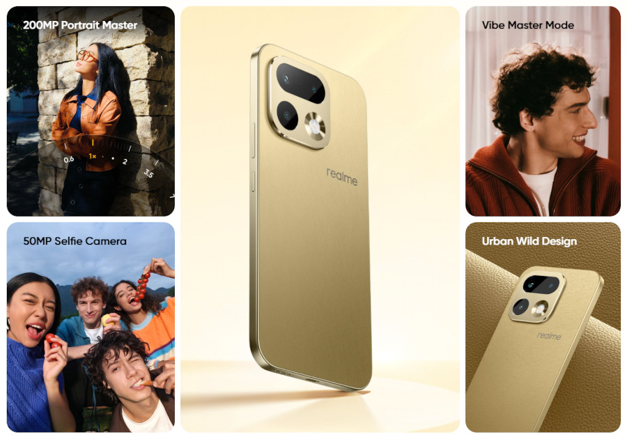 Kolaż prezentujący telefon Realme 16 Pro 5G. W centrum znajduje się zbliżenie na tylny moduł aparatu w złotym kolorze i logo 'realme'. Wokół niego znajdują się cztery mniejsze obrazy: kobieta pozująca z tekstem '200MP Portrait Master', grupa młodych ludzi robiących selfie z tekstem '50MP Selfie Camera', mężczyzna uśmiechnięty z tekstem 'Vibe Master Mode' oraz zbliżenie na teksturowany tył telefonu z napisem 'Urban Wild Design'.