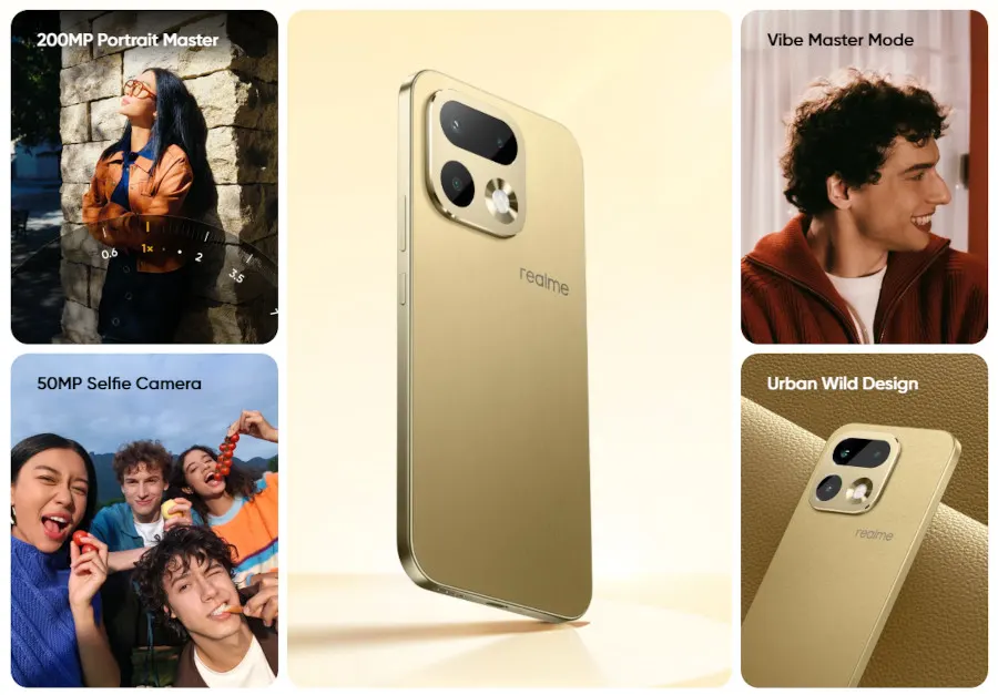 Kolaż prezentujący telefon Realme 16 Pro 5G. W centrum znajduje się zbliżenie na tylny moduł aparatu w złotym kolorze i logo 'realme'. Wokół niego znajdują się cztery mniejsze obrazy: kobieta pozująca z tekstem '200MP Portrait Master', grupa młodych ludzi robiących selfie z tekstem '50MP Selfie Camera', mężczyzna uśmiechnięty z tekstem 'Vibe Master Mode' oraz zbliżenie na teksturowany tył telefonu z napisem 'Urban Wild Design'.
