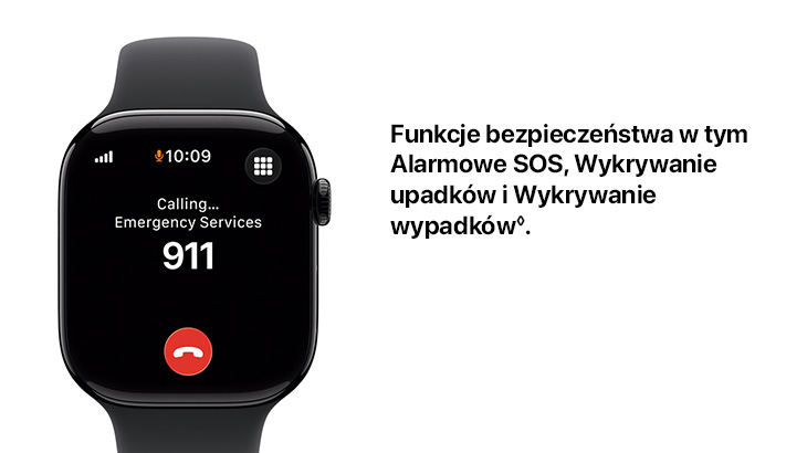 Funkcja bezpieczeństwa w tym Alarmowe SOS, Wykrywanie upadków i Wykrywanie wypadków.