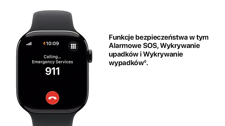 Funkcja bezpieczeństwa w tym Alarmowe SOS, Wykrywanie upadków i Wykrywanie wypadków.