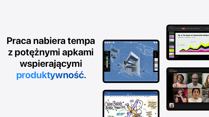 Praca nabiera tempa z potężnymi apkami wspierającymi produktywność. iPady z aplikacjami wspierającymi kreatywność: aplikacją do projektowania, wyświetlania prezentacji, video rozmów, projektowania grafiki