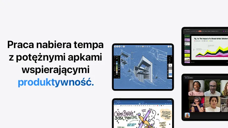 Praca nabiera tempa z potężnymi apkami wspierającymi produktywność. iPady z aplikacjami wspierającymi kreatywność: aplikacją do projektowania, wyświetlania prezentacji, video rozmów, projektowania grafiki