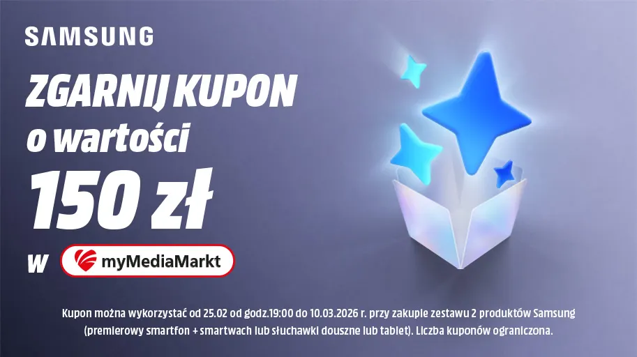 Baner Samsung: Zgarnij kupon 150 zł w myMediaMarkt przy zakupie zestawu 2 produktów Samsung. Z pudełka wyskakują świecące gwiazdy.