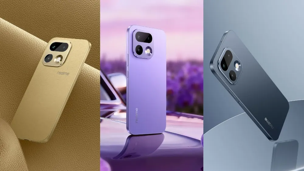 Trzy smartfony realme 16 Pro 5G ułożone obok siebie. Po lewej stronie widoczny jest złoty smartfon na tle złotej, teksturowanej powierzchni. W środku znajduje się fioletowy smartfon na tle rozmytych fioletowych kwiatów i błyszczącej powierzchni. Po prawej stronie prezentowany jest ciemnoszary smartfon na gładkim, szarym tle, lekko unoszący się w powietrzu. Każdy telefon ma widoczny moduł aparatów na tylnym panelu.