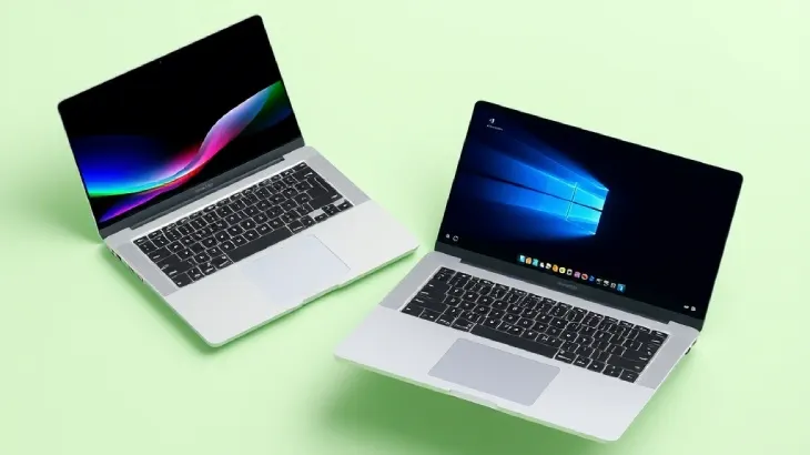 Dwa srebrne laptopy na zielonym tle. Ekrany pokazują kolorowe tapety i pasek zadań.