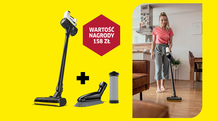 Odkurzacz pionowy, miękka szczotka i filtr na żółtym tle, a obok kobieta odkurzająca podłogę