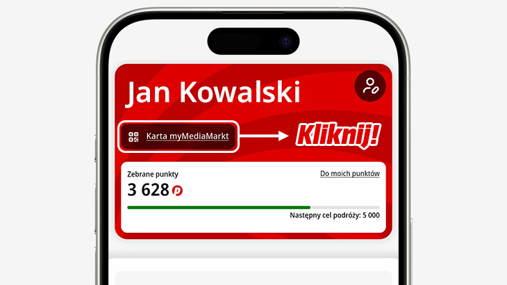 Ekran w telefonie, pokazujący profil osoby zalogowanej i miejsce w którym znajduje się karta myMediaMarkt.