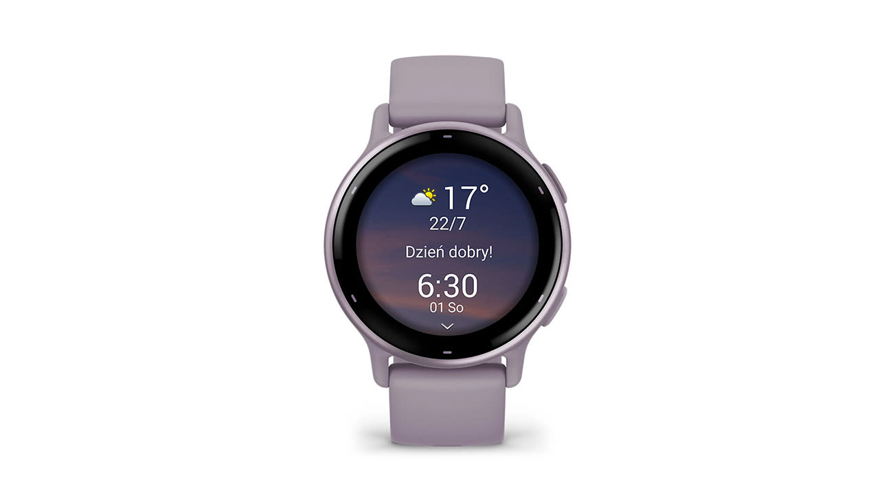 Smartwatch Garmin Vivoactive w kolorze fioletowym z okrągłym wyświetlaczem i silikonowym paskiem, przedstawiony z przodu na białym tle.