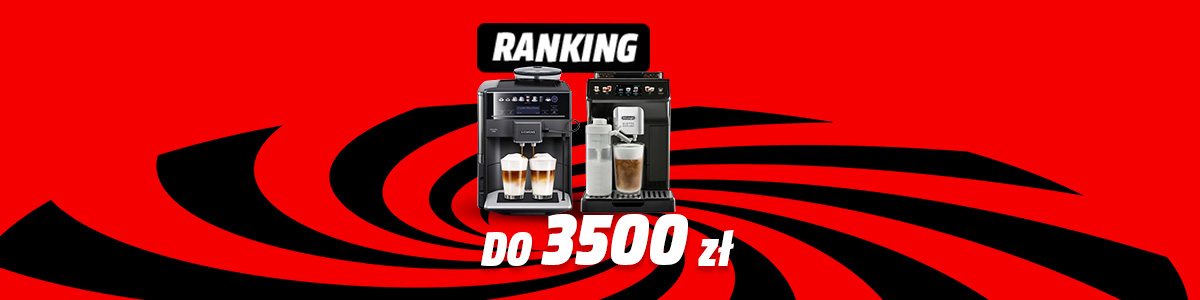 Na czerwonym tle dwa ekspresy do kawy, napis "ranking" i cena "do 3500 zł". Czarne paski tworzą spiralny wzór.