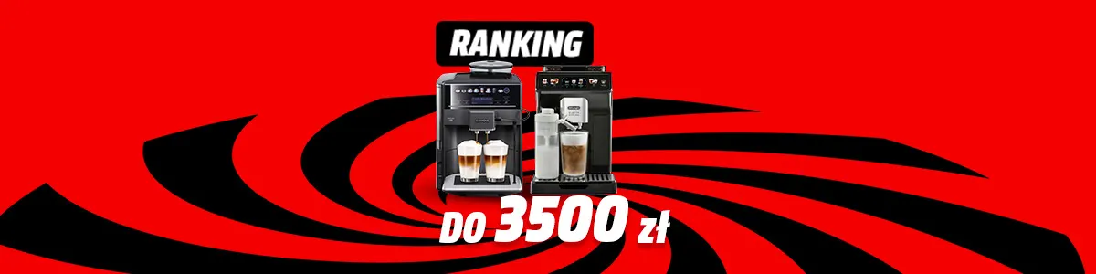 Na czerwonym tle dwa ekspresy do kawy, napis "ranking" i cena "do 3500 zł". Czarne paski tworzą spiralny wzór.