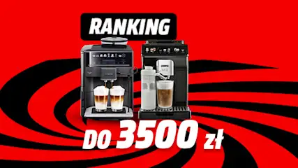 Na czerwonym tle dwa ekspresy do kawy, napis "ranking" i cena "do 3500 zł". Czarne paski tworzą spiralny wzór.